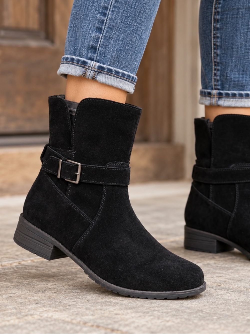 Blondo Black Waterproof Suede Ankle Boot with Buckle Strap